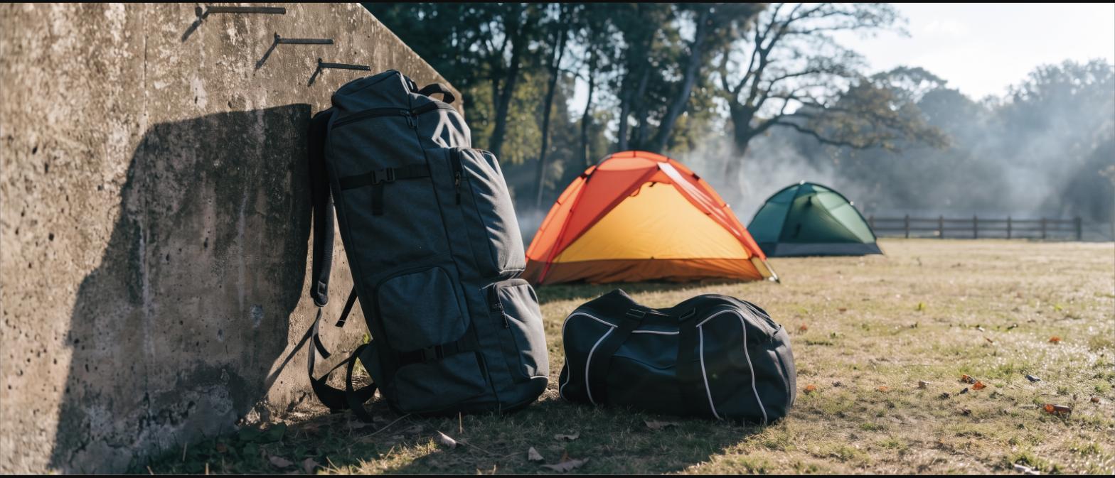 Travel backpack and duffel leaning against a wall at a festival campsite